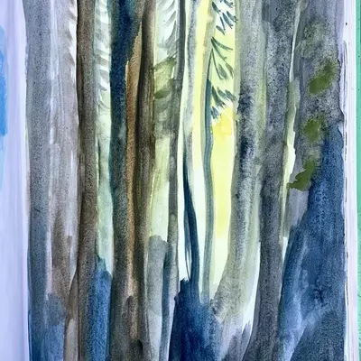 a sketchbook page of trees in the forest, painted with watercolour and chalk pastel. The illustration is of trees in the forest, with light filtering through the trees. The trees are painted in browns, blues and greens with pale yellow pastel in the backg